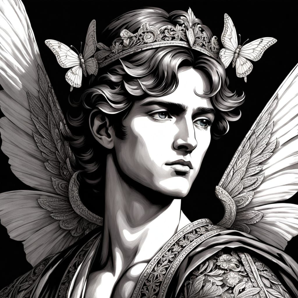 Baroque Angel with Butterfly Wings in Grayscale