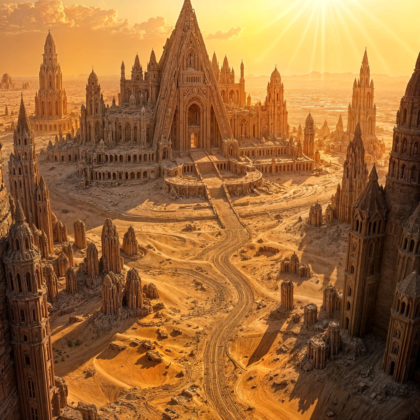 Surreal Desert Cityscape at Sunset, with Ruined Spires and F...