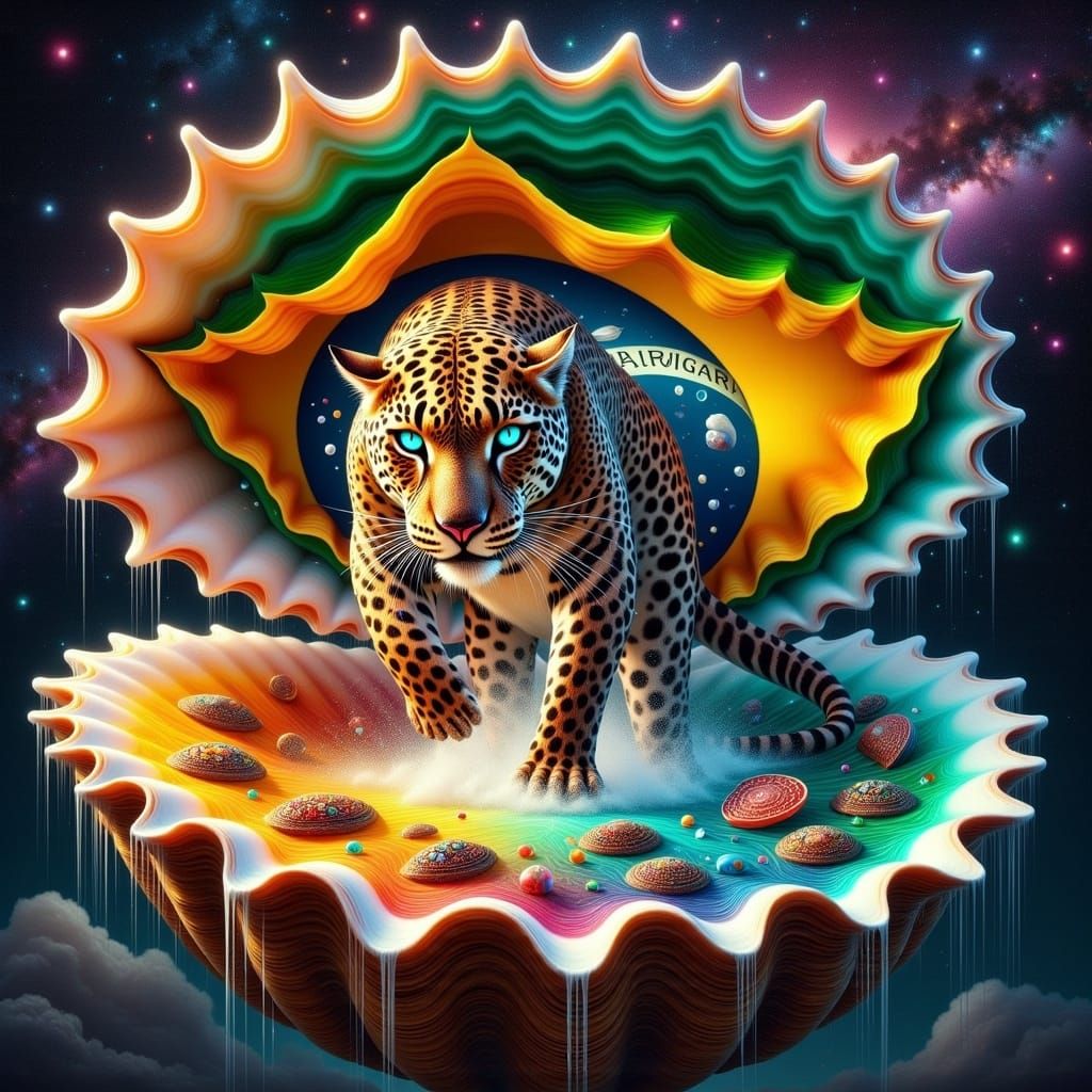 Majestic Jaguar Leaps from Cosmic Seashell