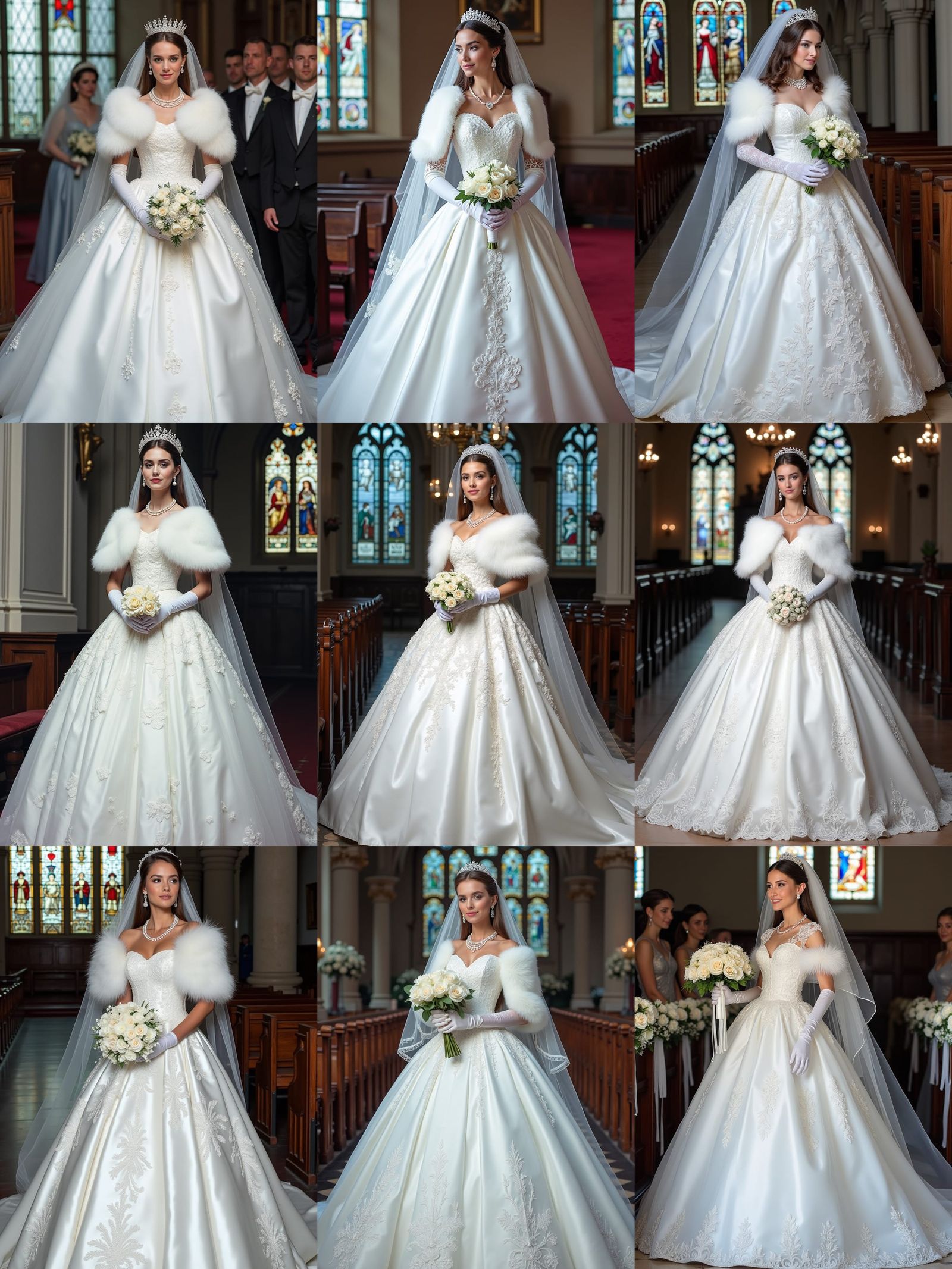 Elegant Bride in White Satin and Lace Gown