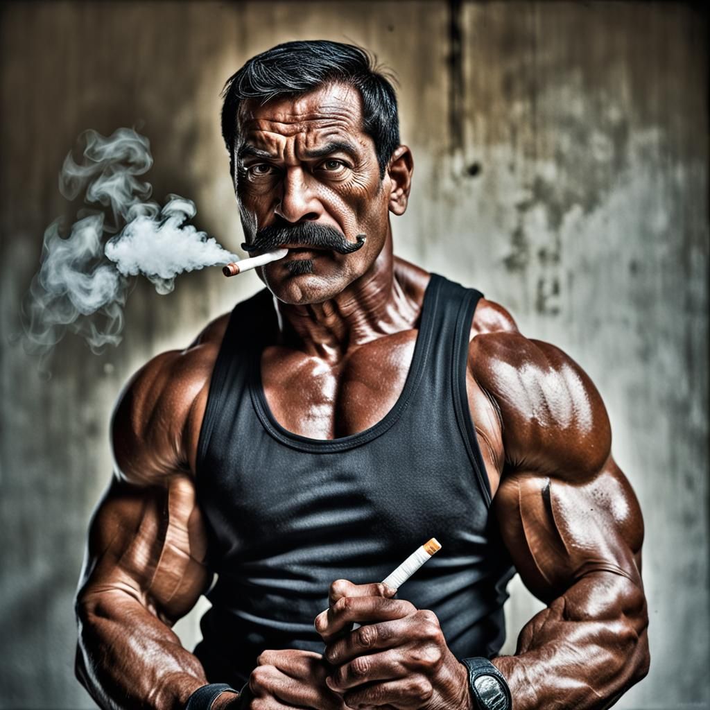 Muscular Powerlifter Smoking a Cigarette
