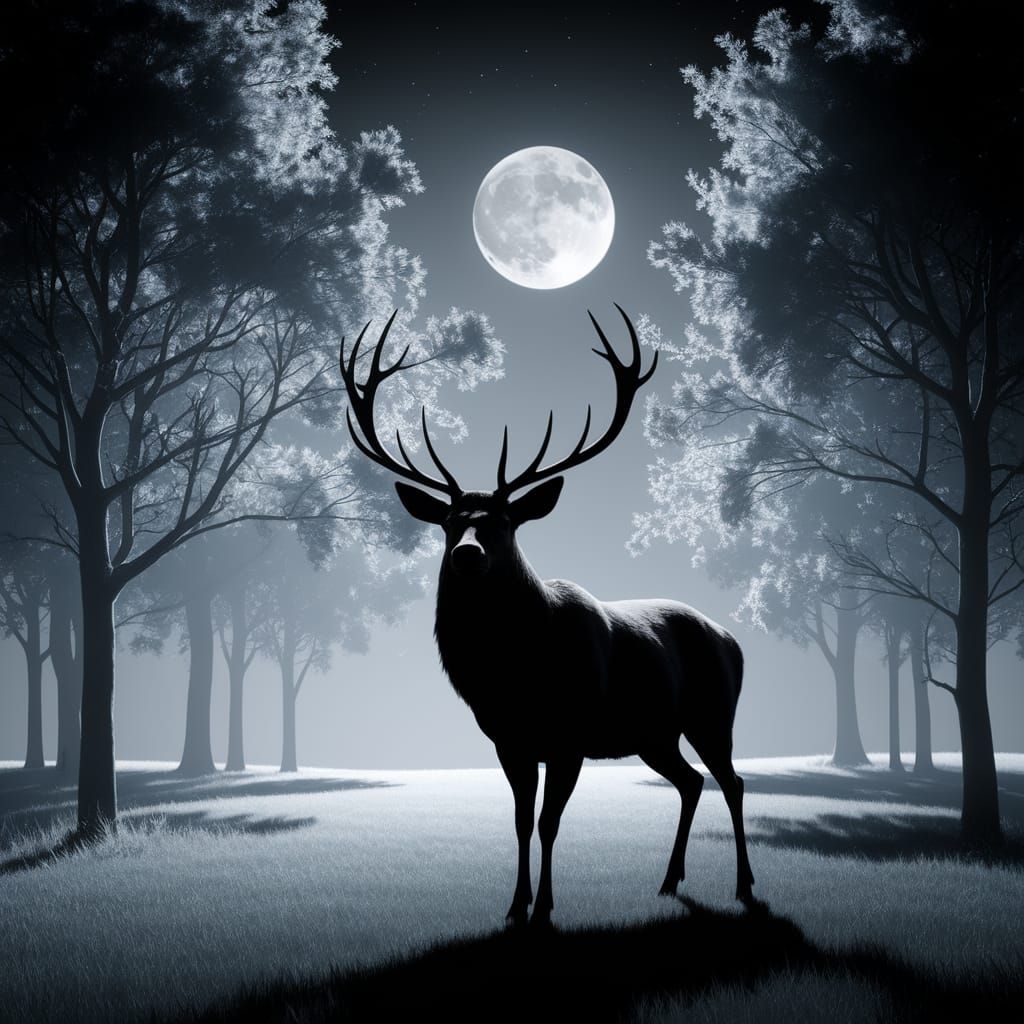 Majestic Stag in Moonlit Forest Clearing