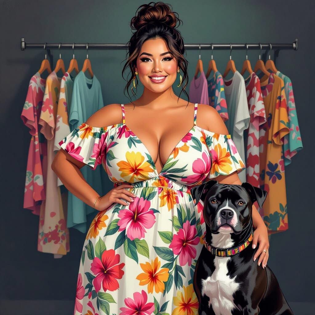 Hawaiian Woman with Pitbull, Selling Clothes