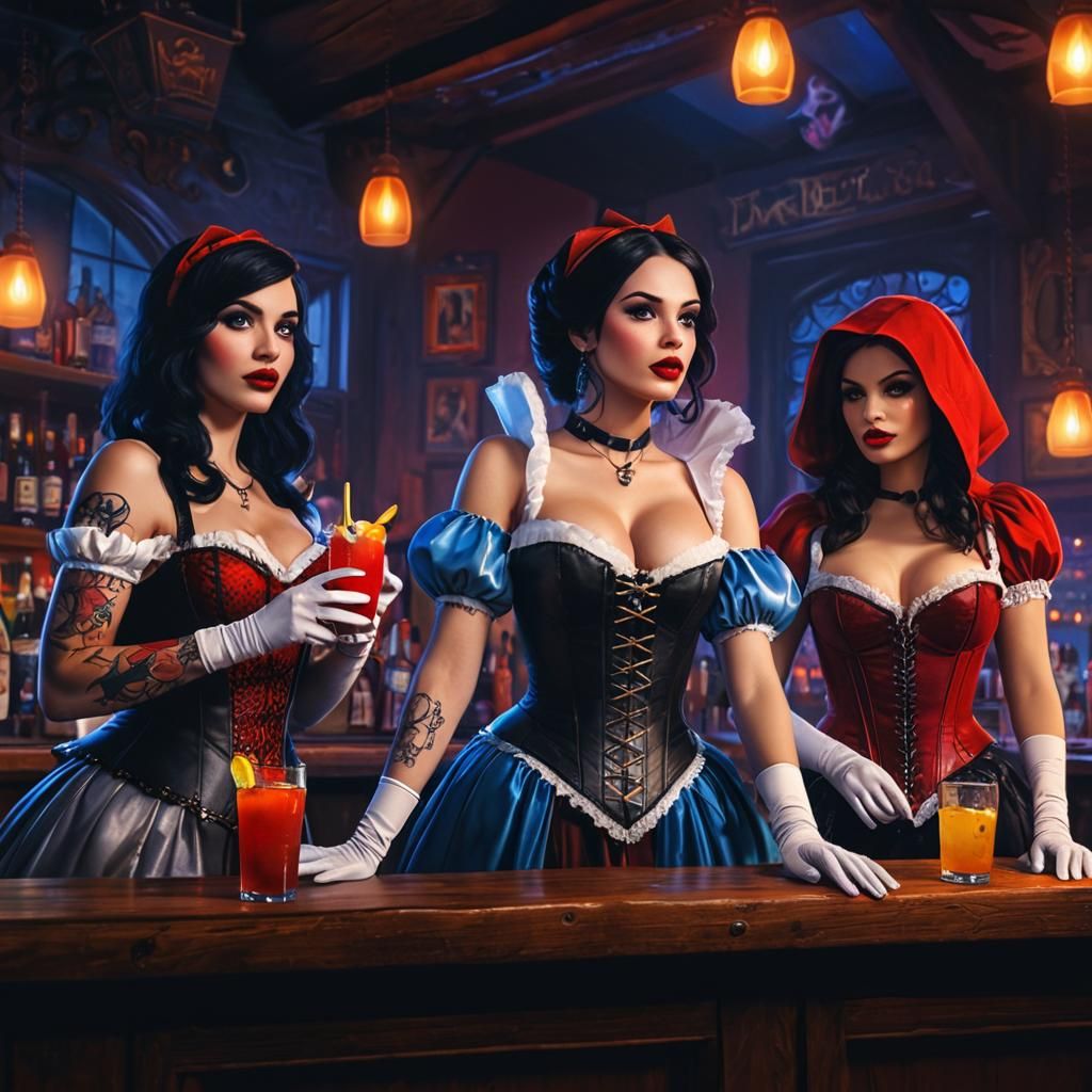 Dark Fantasy: Steampunk Bar Scene with Fairy Tale Characters