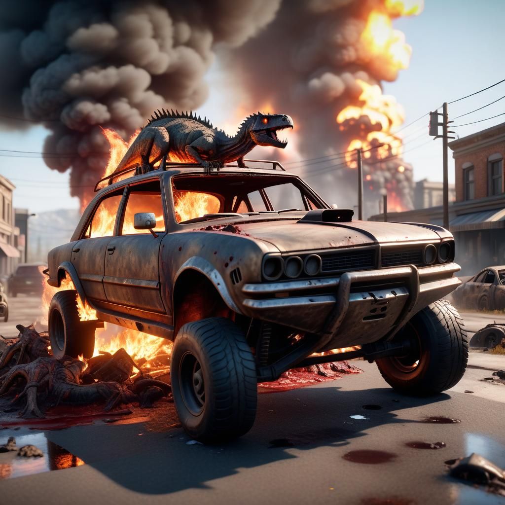 Dinosaur on Burning Car: 3D Game Cinematic Scene