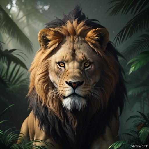 Majestic Lion Portrait in Lush Jungle