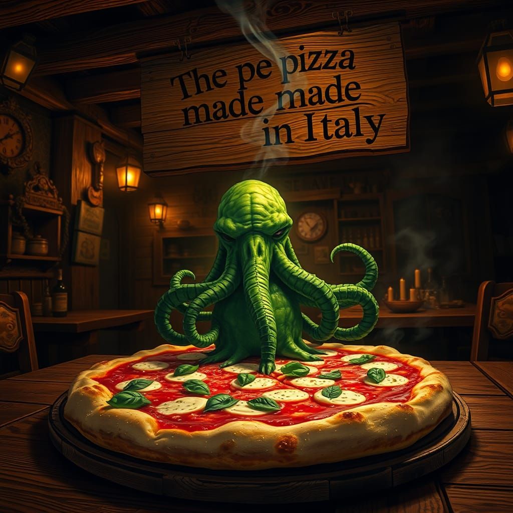 Cthulhu Pizza in Italian Inn: Dark Fantasy Art