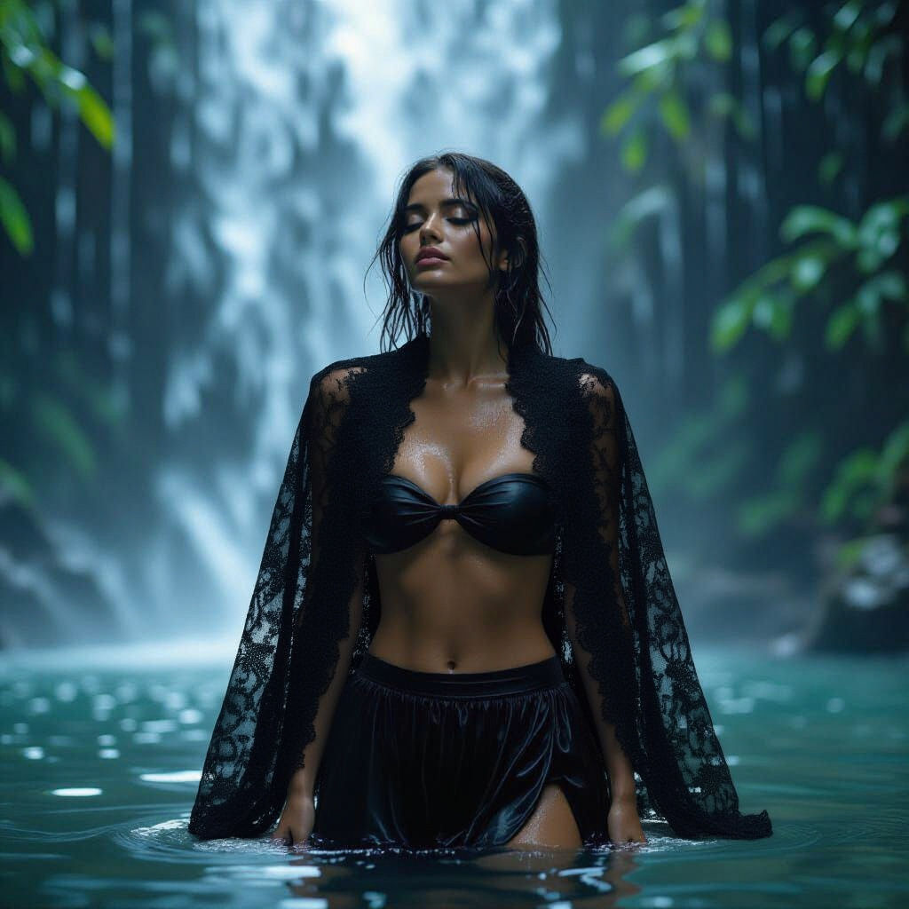 Woman in Bikini Under Waterfall: Cinematic Film Still