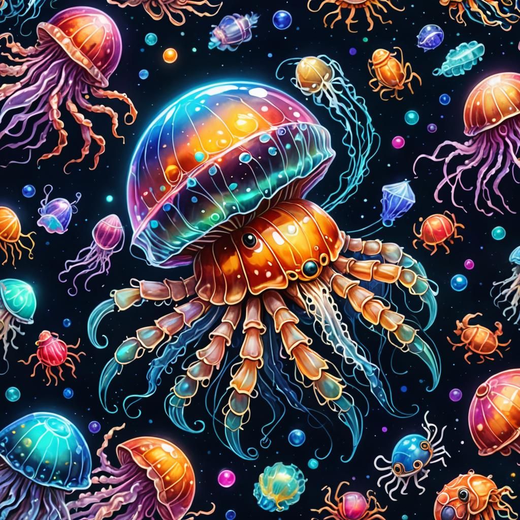 Cute hybrid micro jellyfish and hermit crab 8k resolution ho...