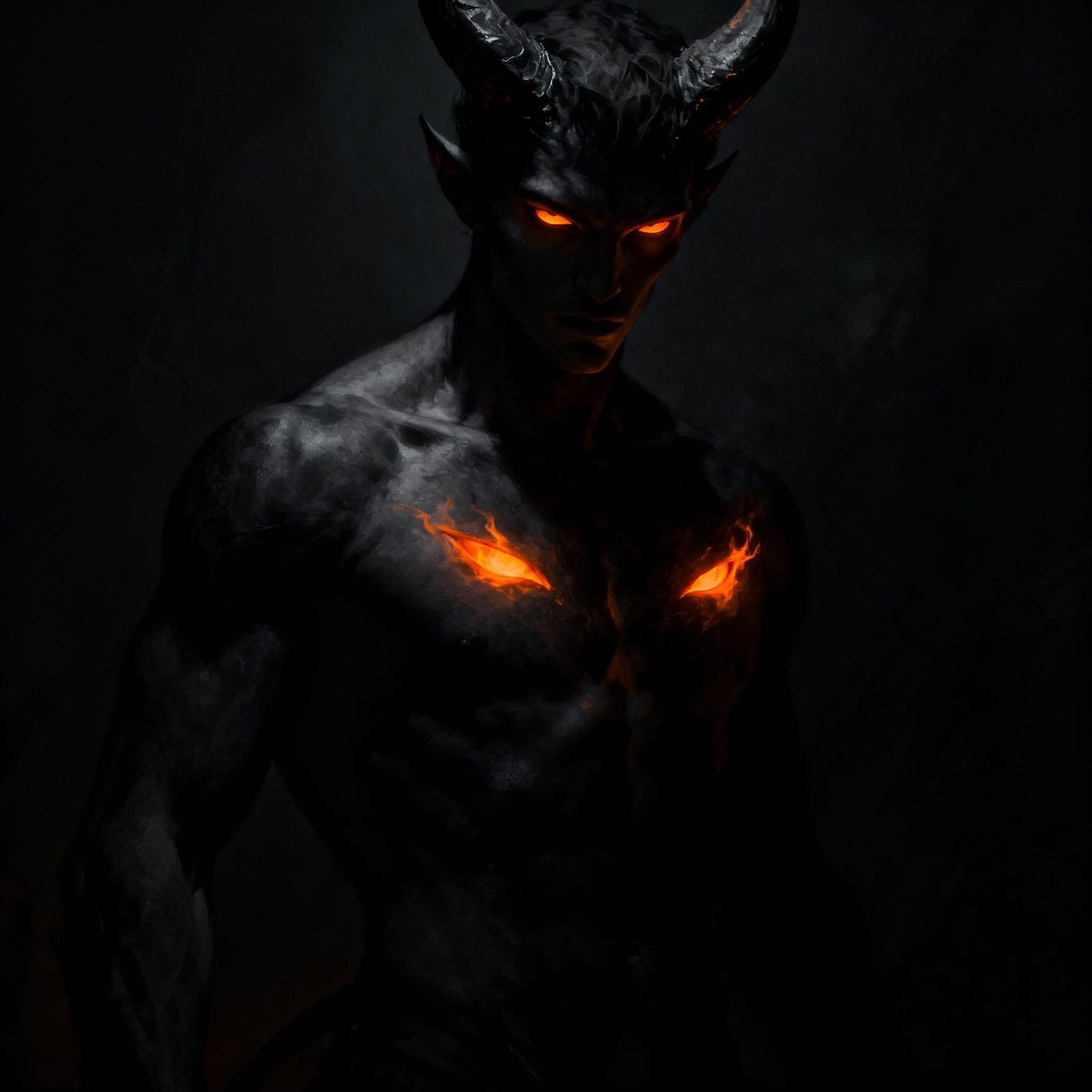 Sci-Fi Male Demon with Burning Eyes in Darkness