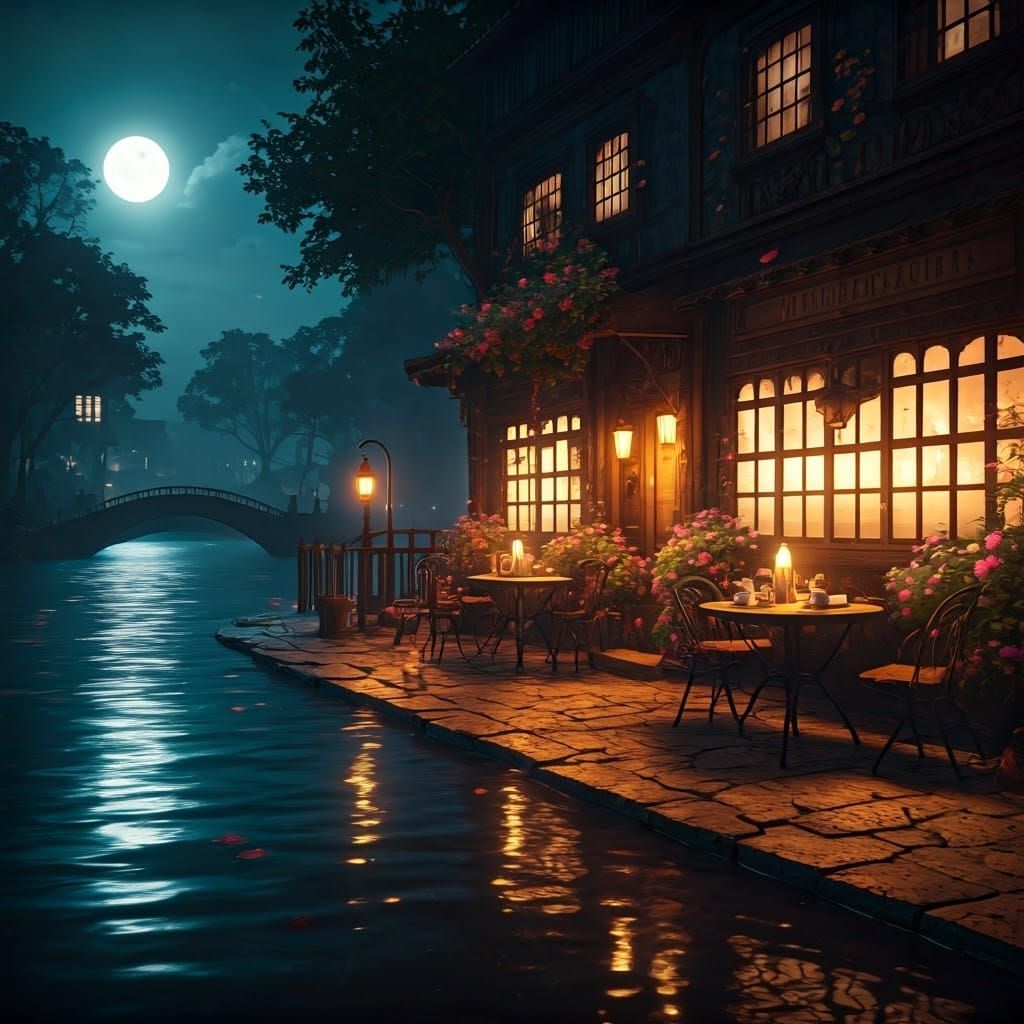 Moonlit Night Cafe Along Tranquil Riverside