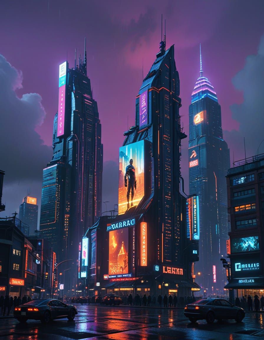 Cyberpunk Cityscape at Night with Neon Lights and Flying Car...