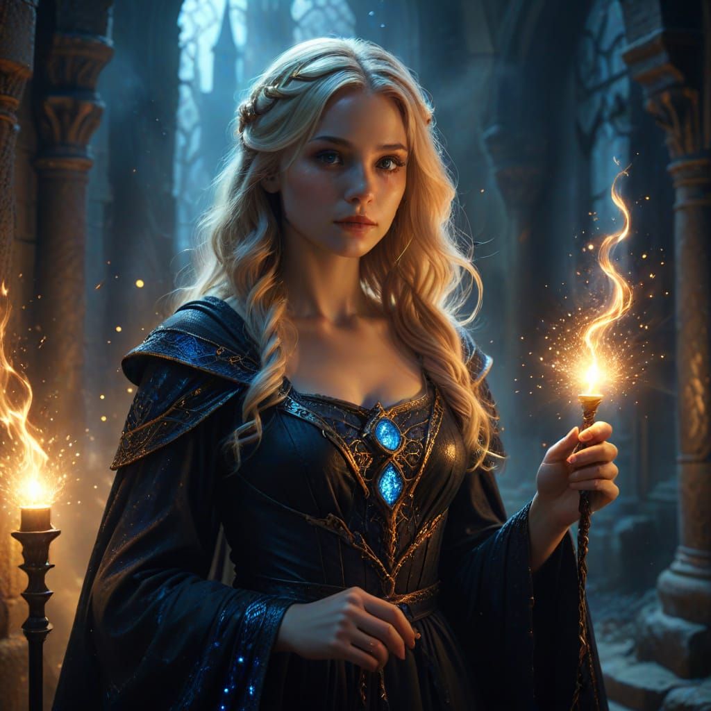 Ethereal Fantasy Woman Wields Glowing Magic Wand in Castle S...