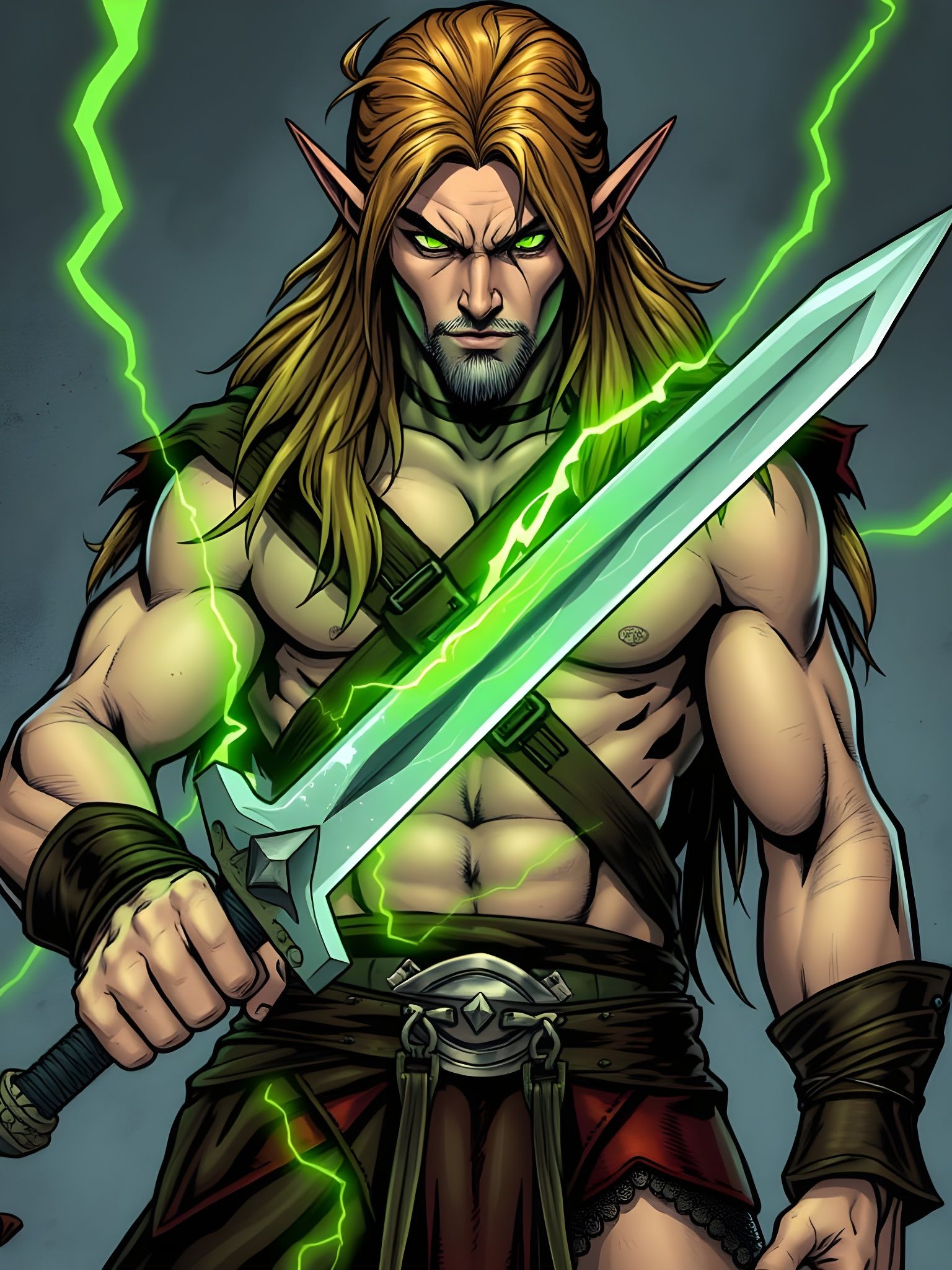 Glowing Green-Eyed Elf Warrior Stares with Magic Sword
