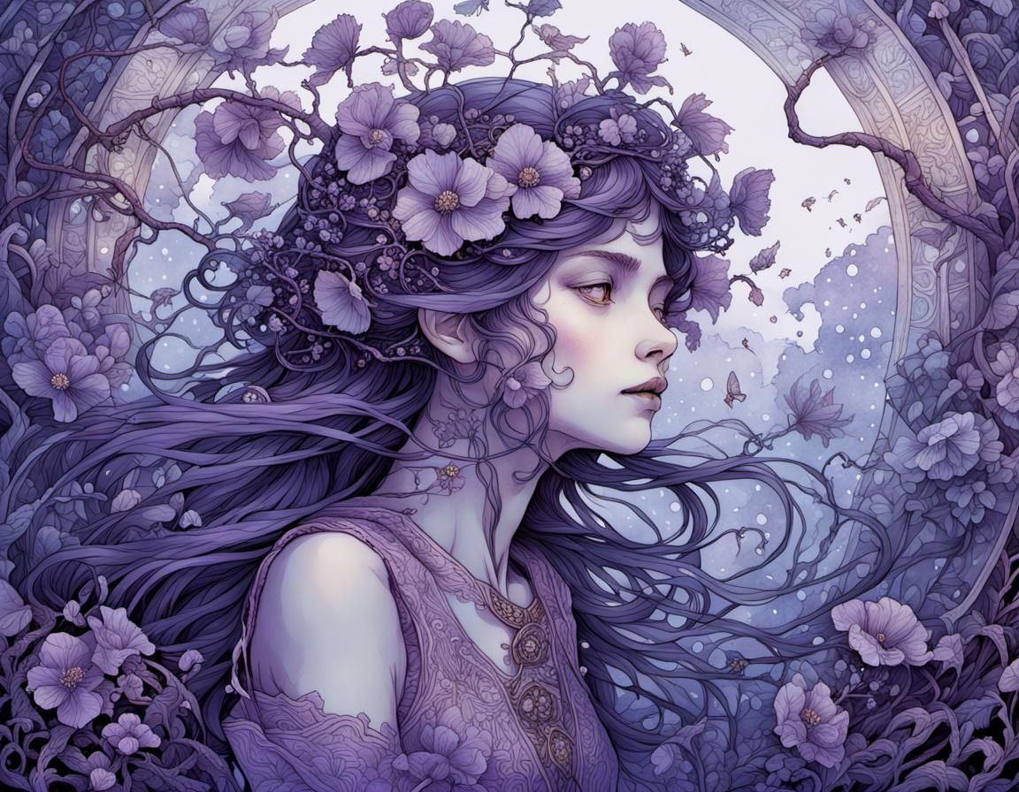 Delicate Violet Blossom: Fantastical Illustration