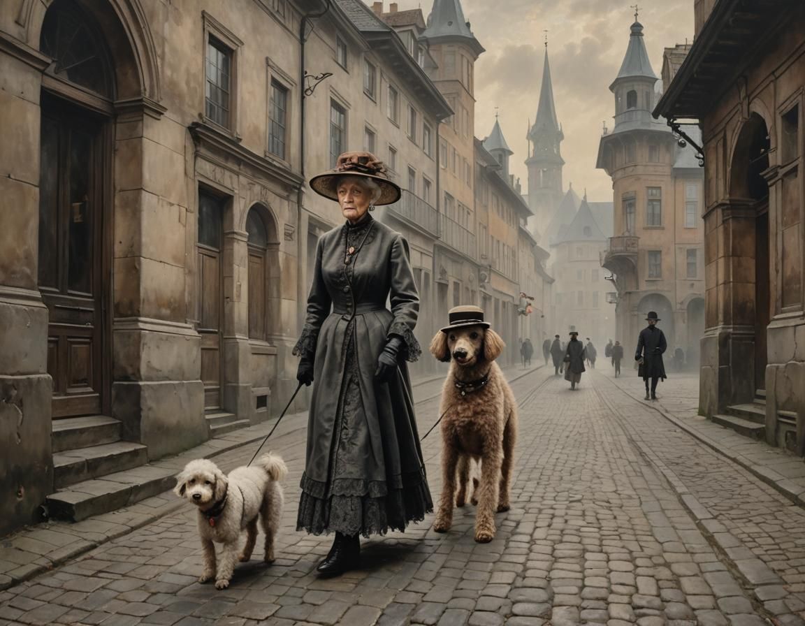 Elegant Noblewoman Strolling in Karlsbad: Hyperrealistic Oil...