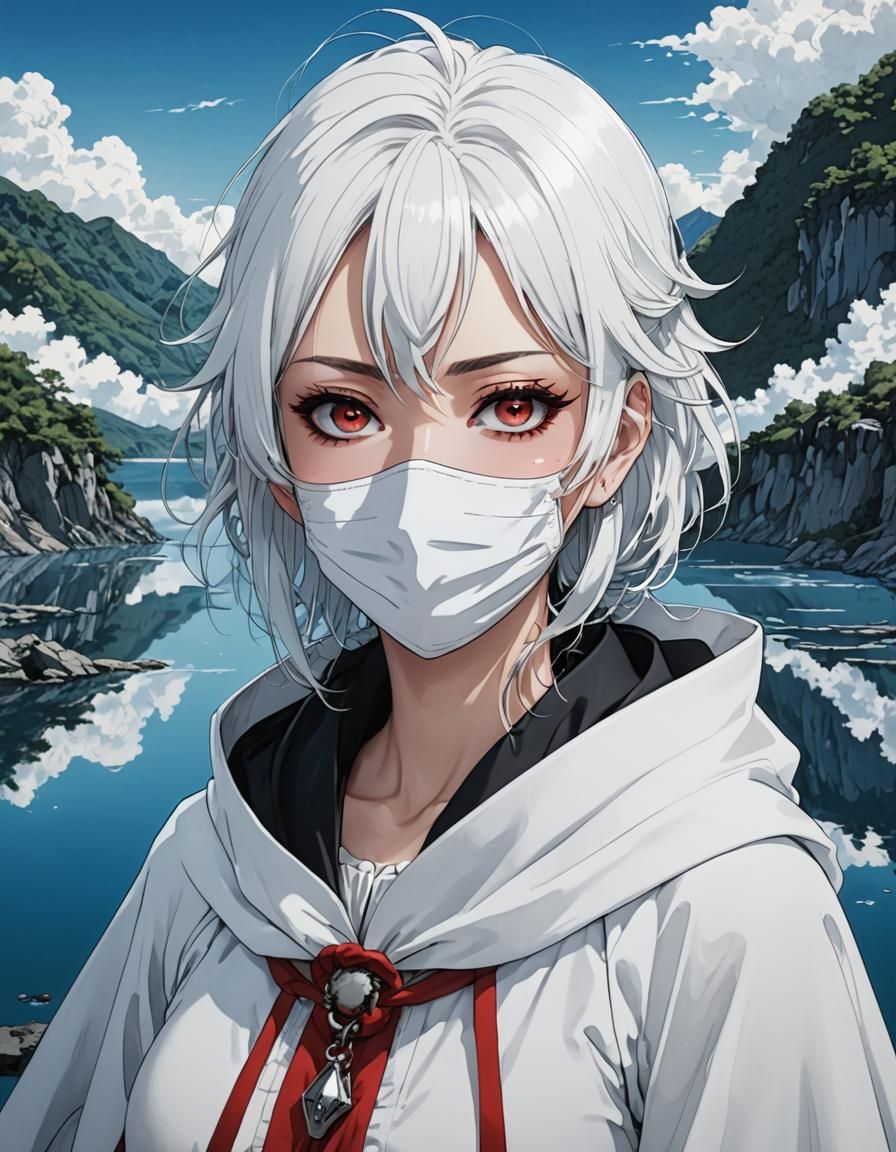 Anime Woman with Red Eyes in Blue Lake