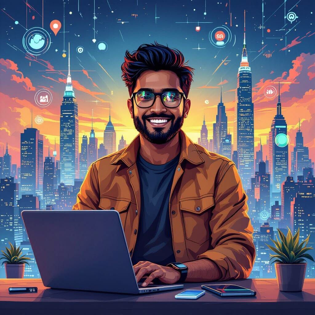 Smiling Entrepreneur in Futuristic Cityscape, Digital Art