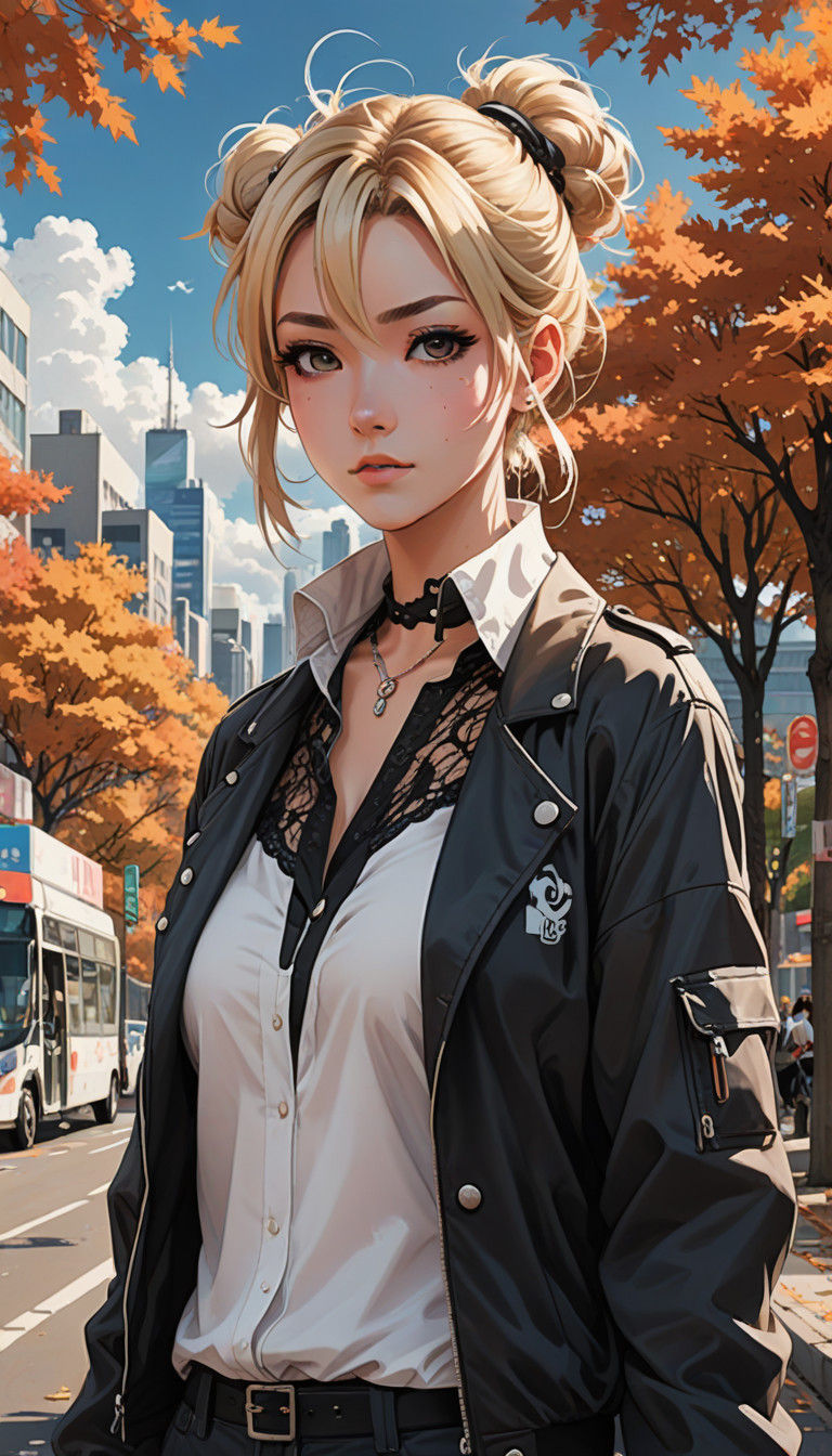 Vaping Woman in Autumn Cityscape