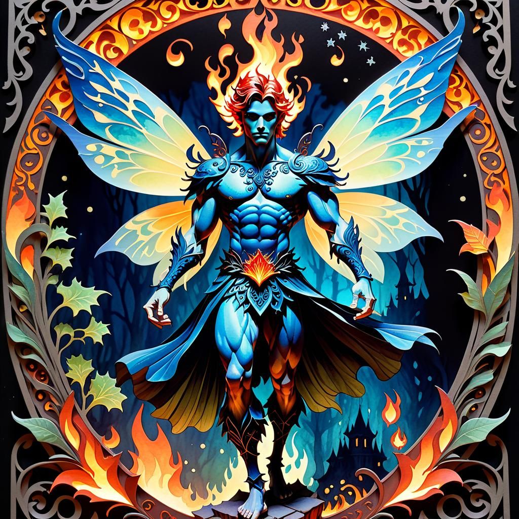 Ornate Fire Fairy in Watercolor and Ink