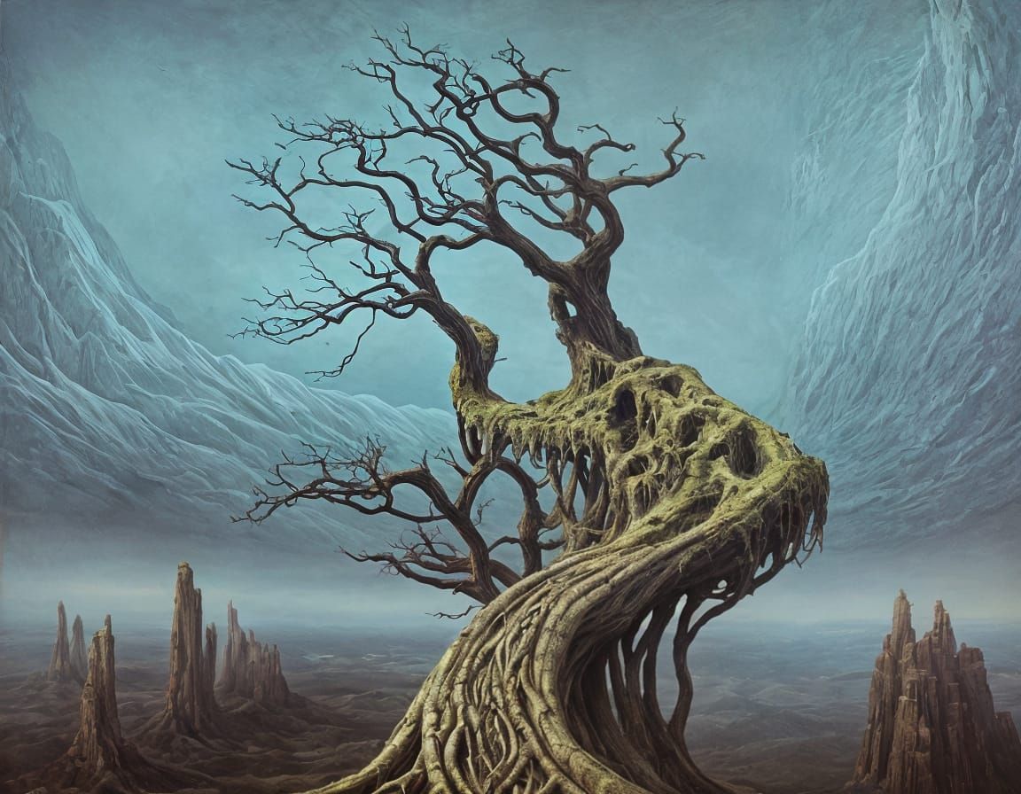 Surreal Landscape Inspired by Escher, Beksinski, and Giger