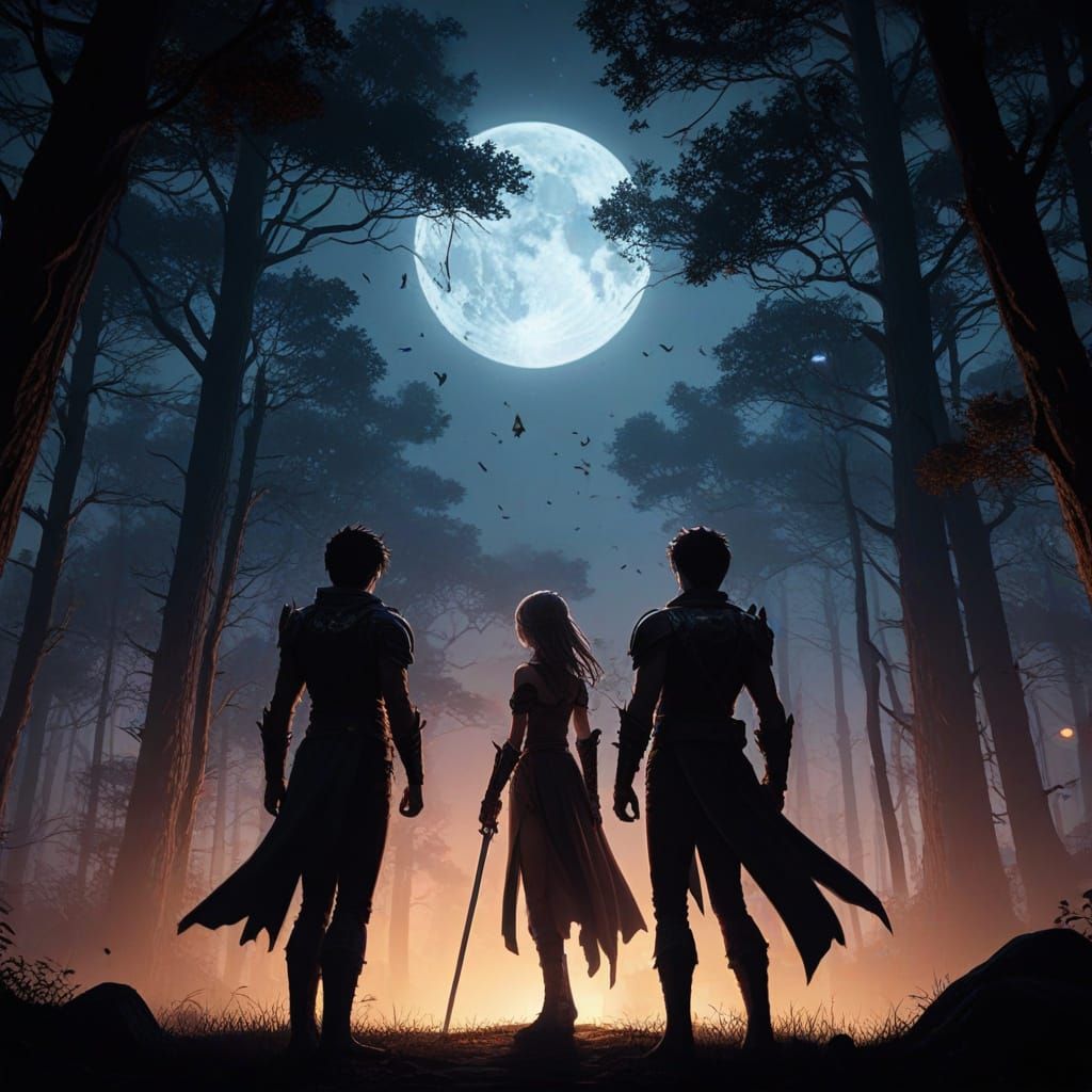 Epic Fantasy Heroes Stand Ready in Moonlit Forest