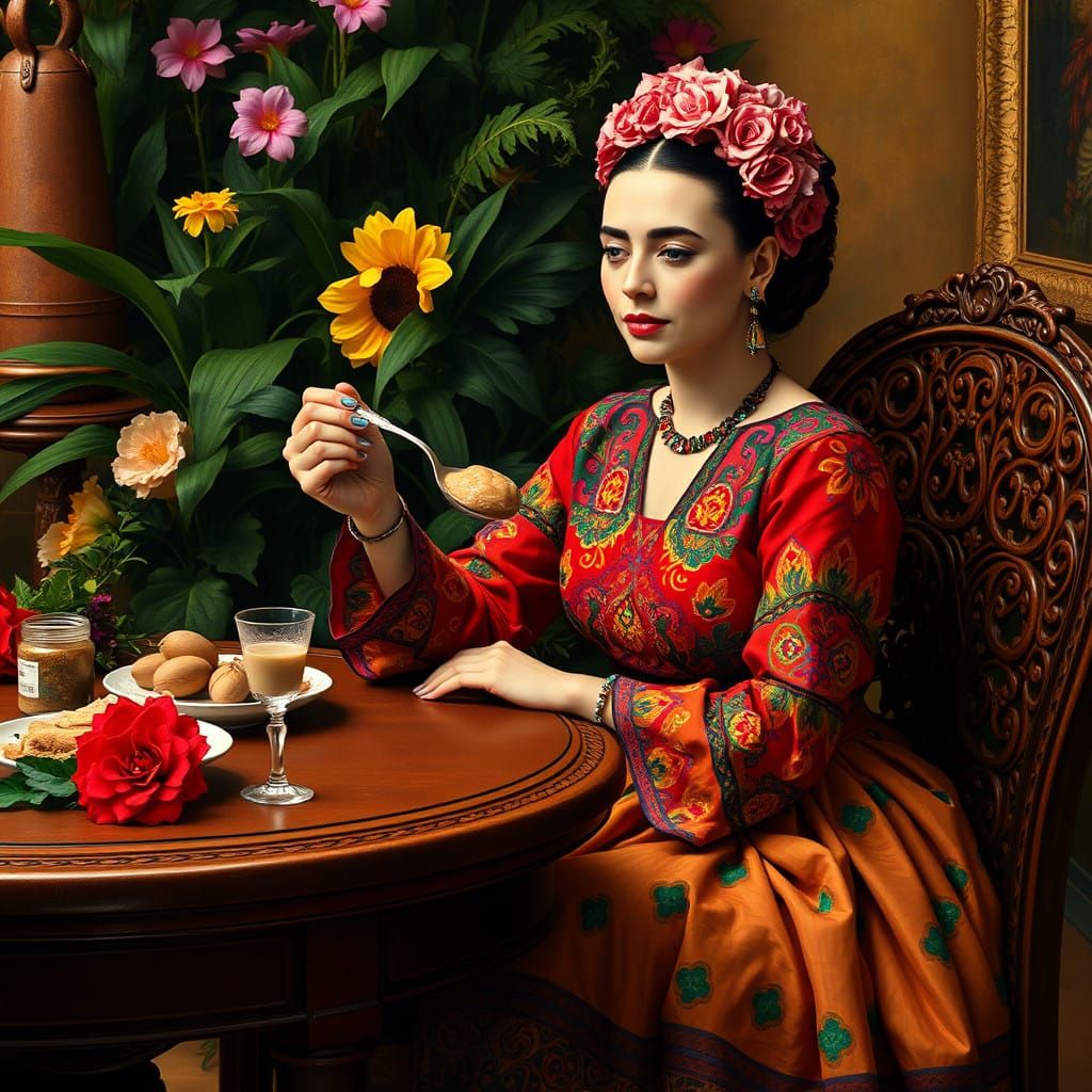 Frida Kahlo Enjoys a Decadent Peanut Butter Snack in a Vibra...