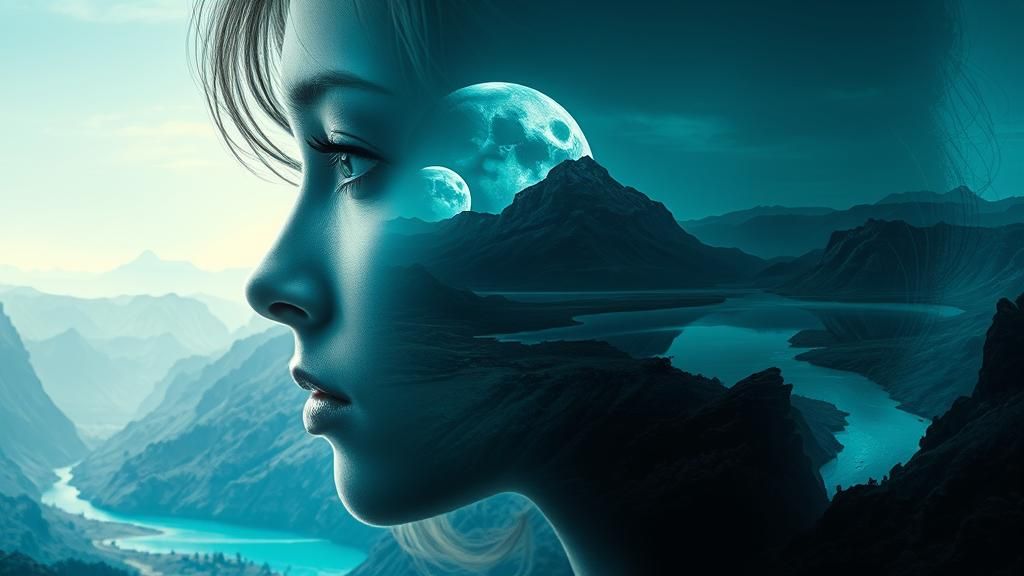 Ethereal Double Exposure: Woman and Alien Landscape