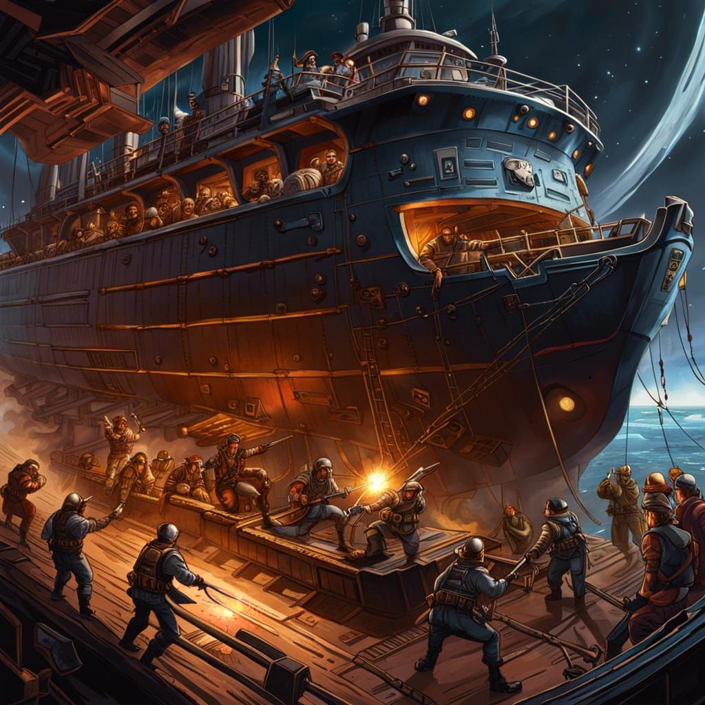 Space Pirate Raid on Cargo Ship: Hypermaximalist Illustratio...