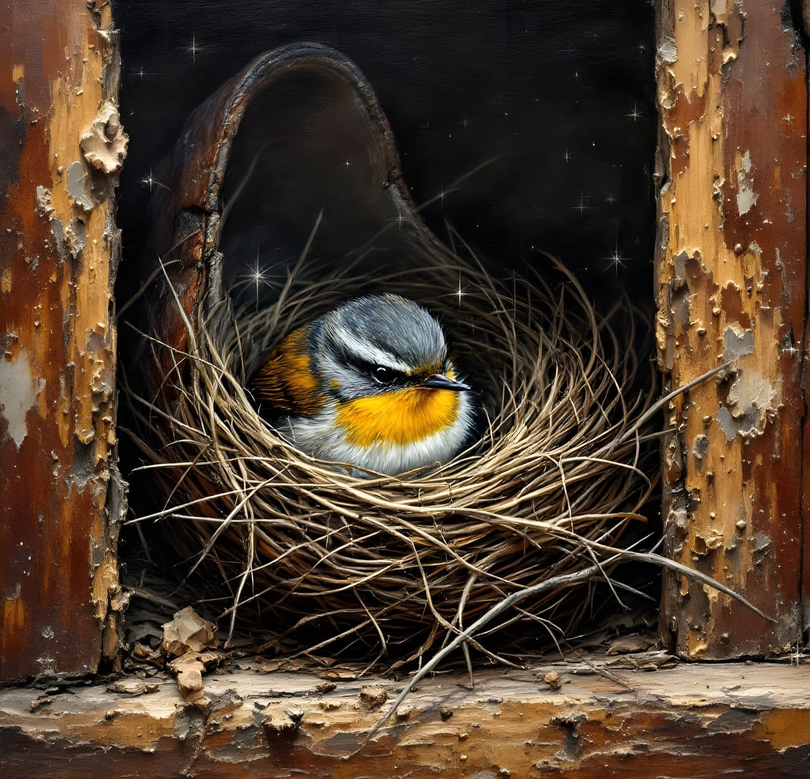 Carolina Wren Builds Nest in Shoe, Oil Painting