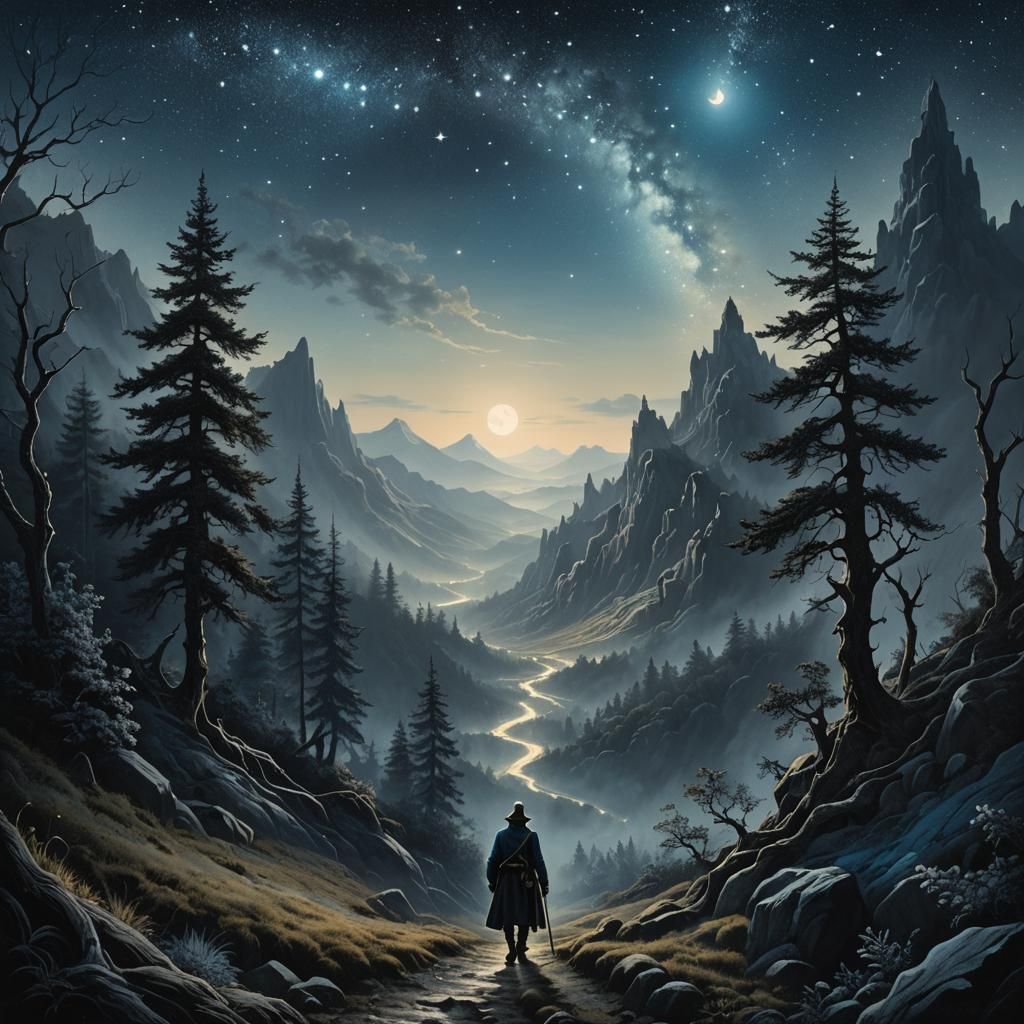 Moonlit Mountain Path in Doré Style