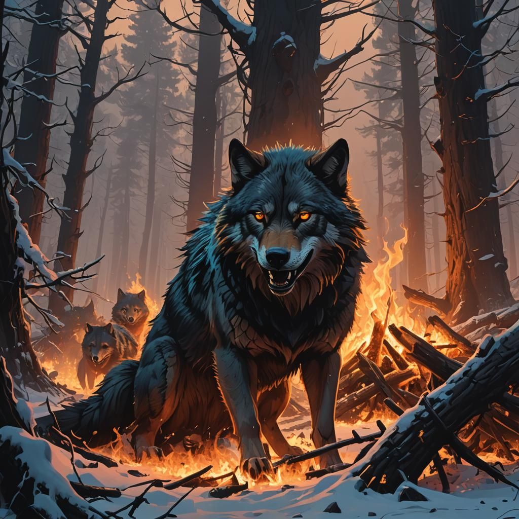 Wolf Pack Encircling Fire Trap in Dark Fantasy Style