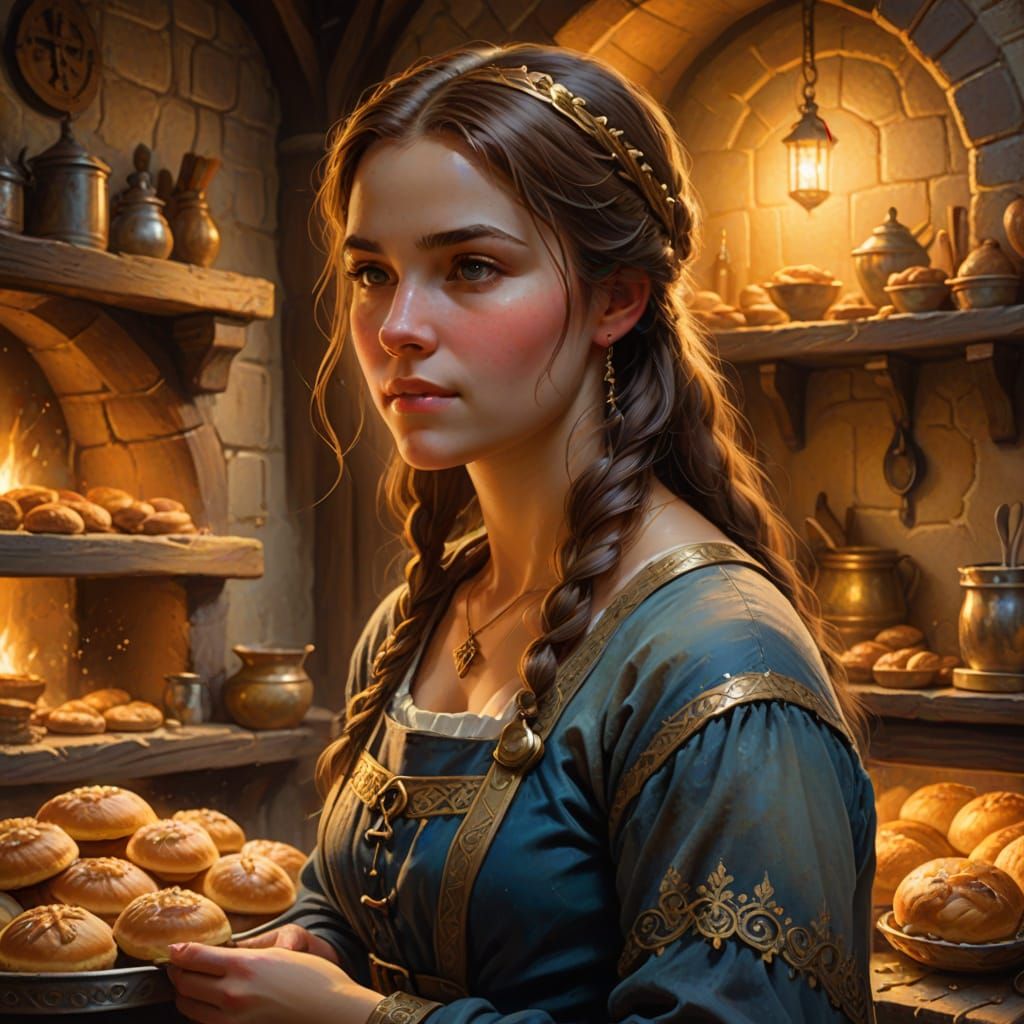 Medieval Bakery Scene with Ethereal Female Figure