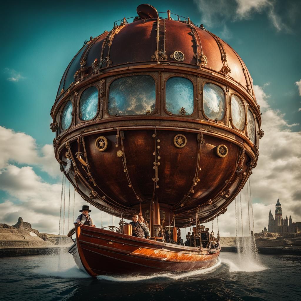 Steampunk Woman Transports Water Globe on Boat