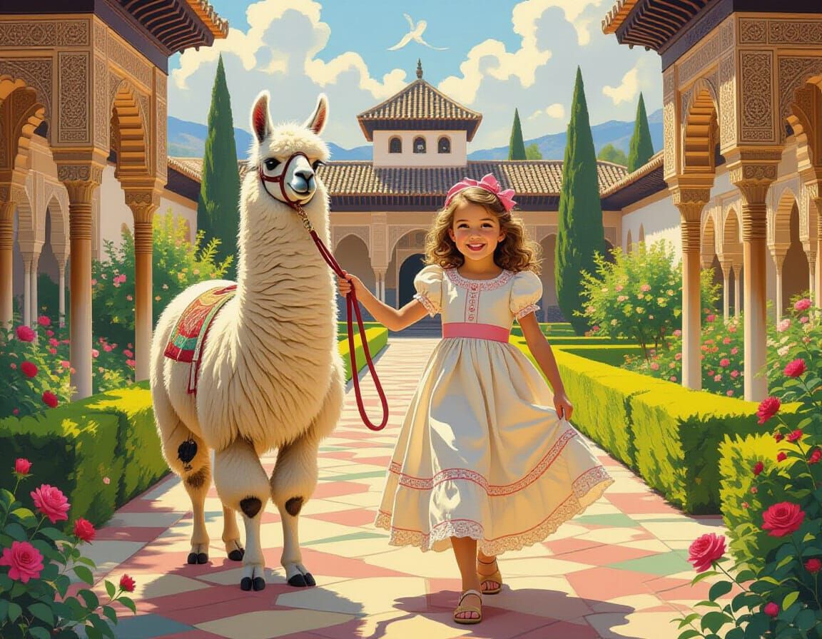 Girl and Llama Stroll Through Alhambra Gardens