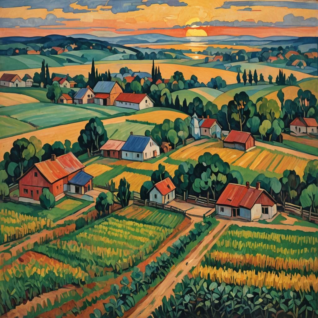 Sunset Farmscape in Avant-Garde Style