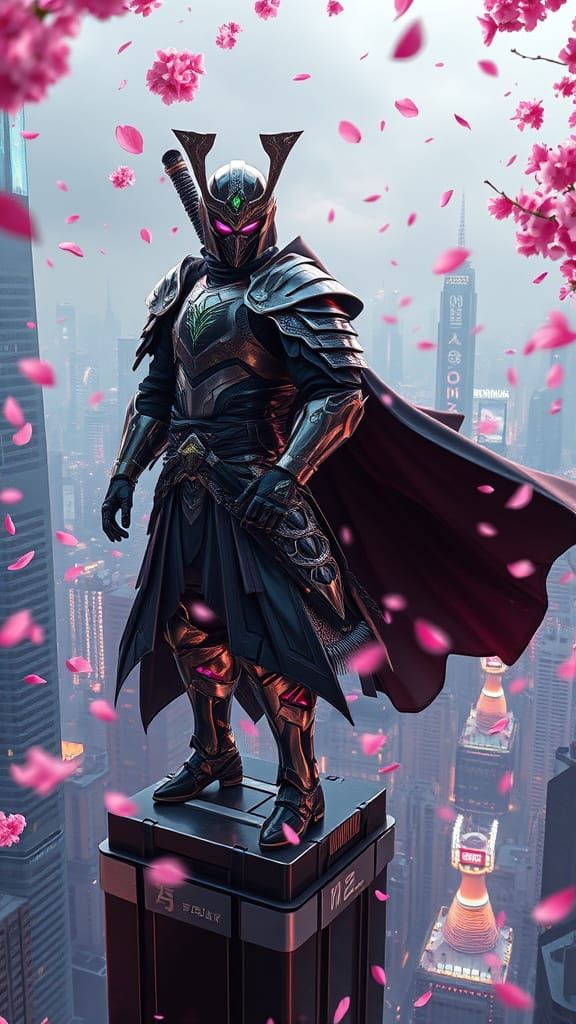 Cyberpunk Samurai Warrior in Neon-Lit Cityscape
