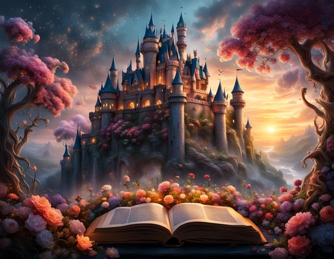 Fairytale Book Castle at Sunset with Fairy Lights