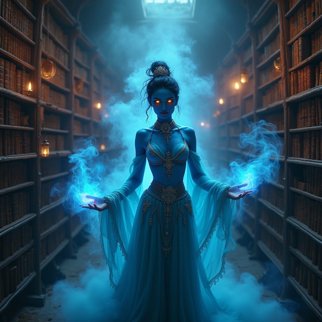 Blue Genie Emerges from Ancient Library