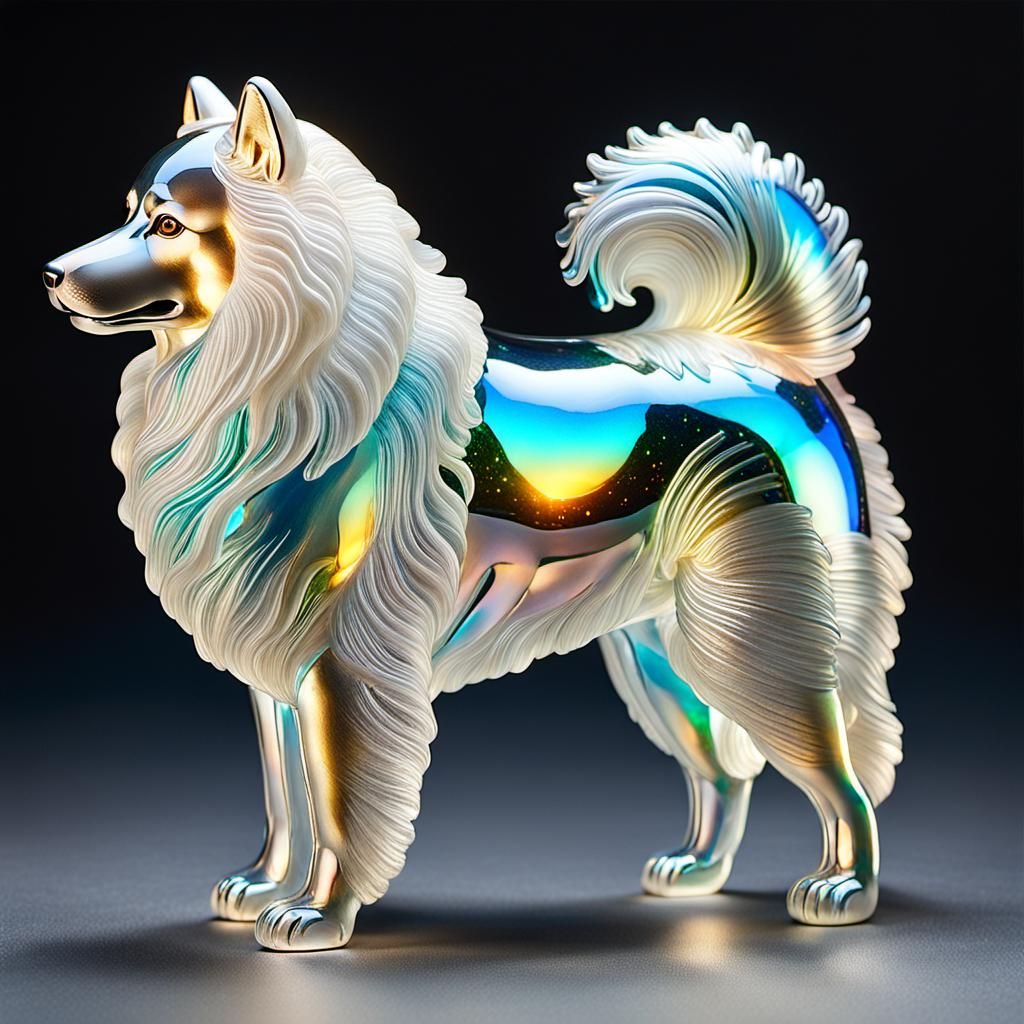 Iridescent Glass Samoyed Sculpture with Golden Accents