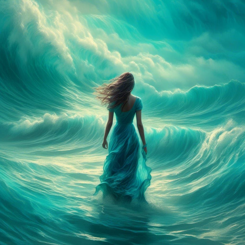 Woman Merging with Turquoise Ocean: Surreal Digital Art