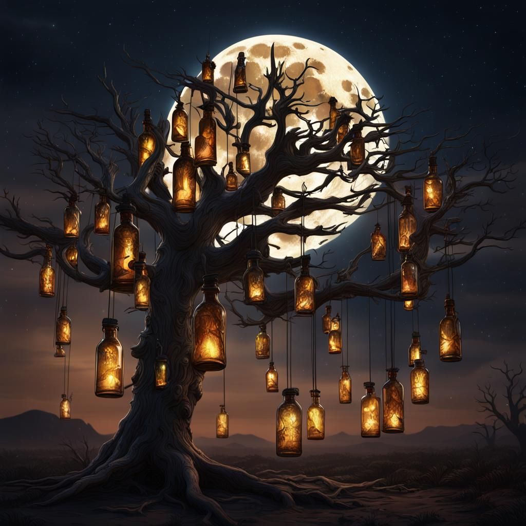 Bottles Hanging from a Dead Tree at Night
