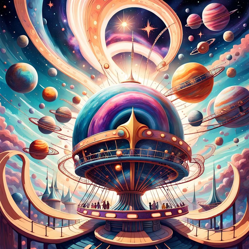 Whimsical Space Carnival with Cosmic Roller Coasters