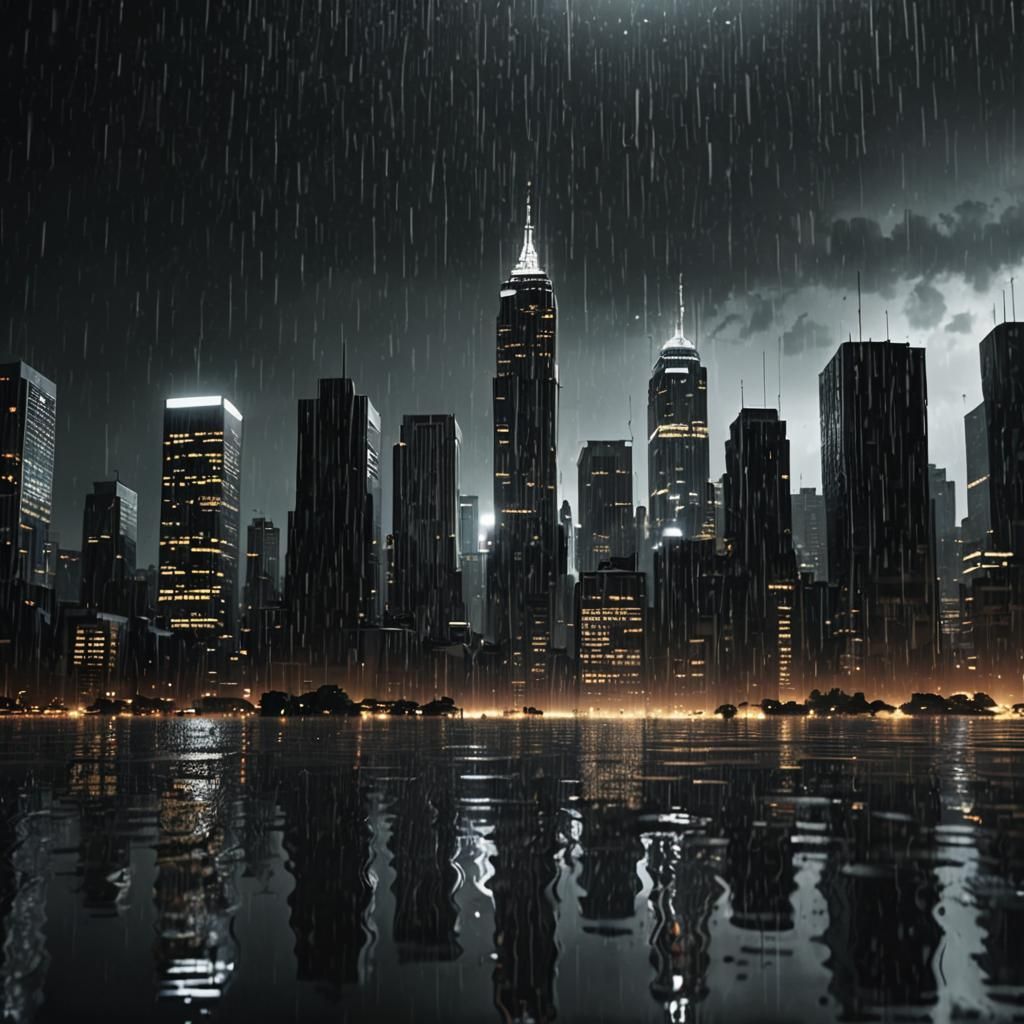 Cityscape Silhouette in Heavy Rain, Digital Art