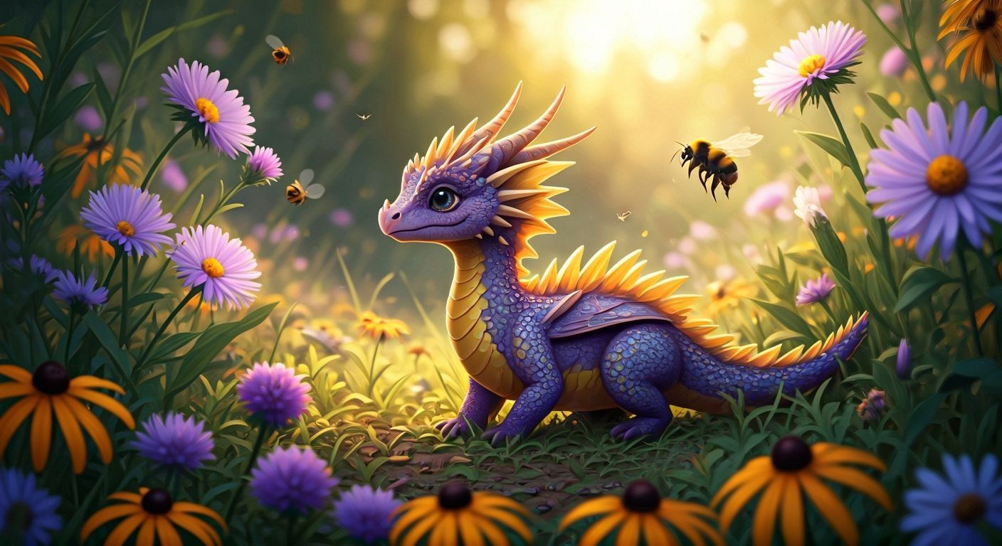 Dragon Frolics in Aster Field: Whimsical Fantasy Art
