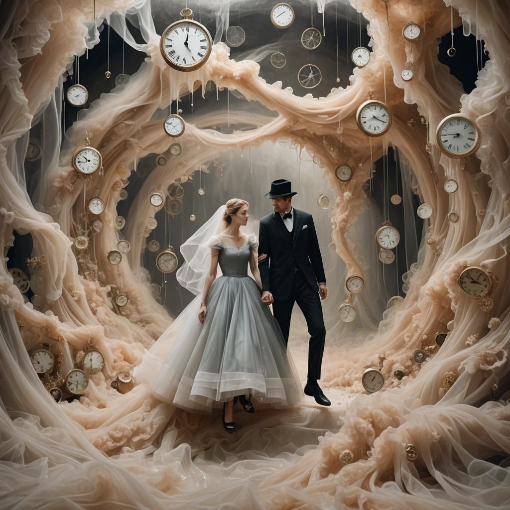 Tulle Time Travelers in Surreal Landscape