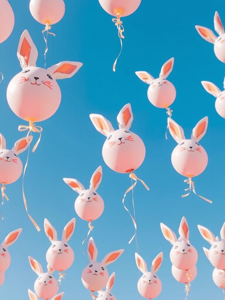 Rabbit Balloons Fill Sky in Whimsical Pastel Scene