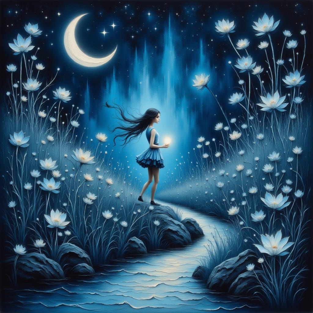 Sad Girl in the Night with Blue Flowers