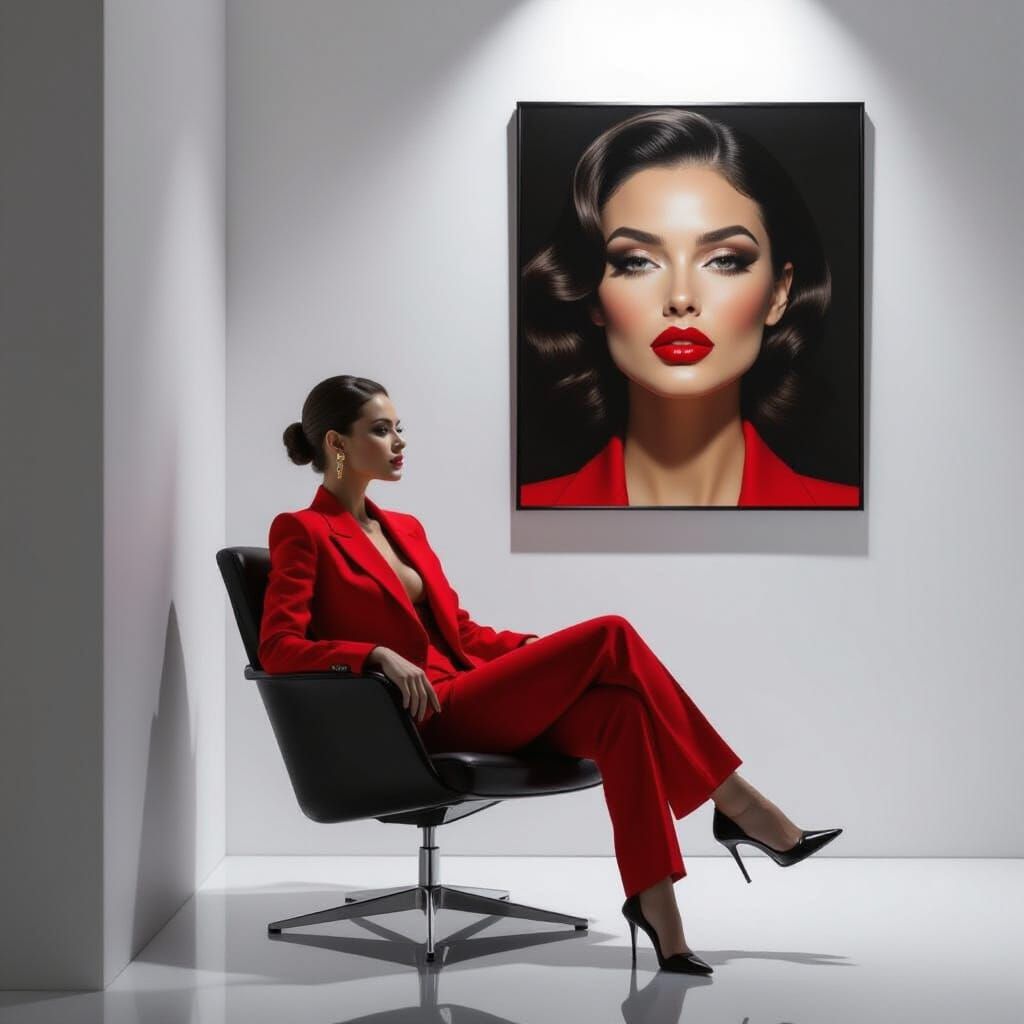 Woman in Red Suit Beside Dripping Lips Painting