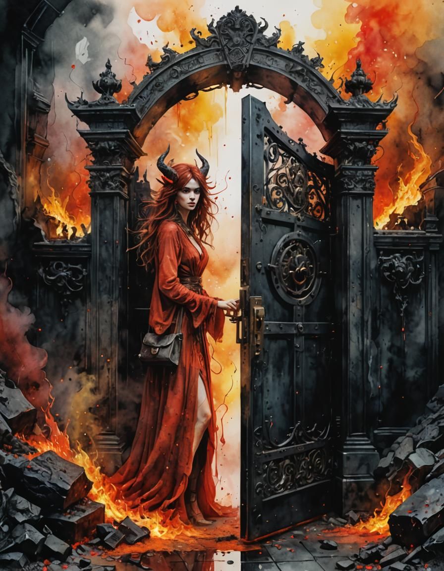Gates of Hell: Digital Watercolor Fantasy Art